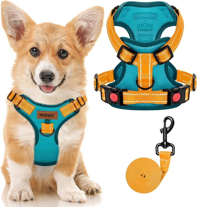 MIDOG No-Pull Dog Harness | Adjustable &amp; Reflective Pet Harness Leash Set for Small Medium Large Dogs Walking, Training| No Choke, Front Clip, Soft Padded Vest with Easy Control Handle - Blue, S