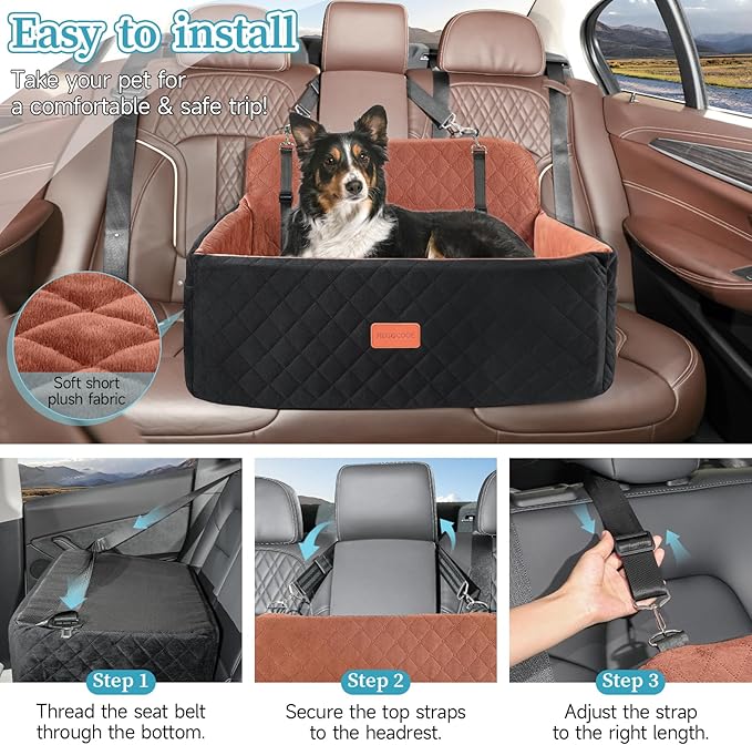 Dog Car Seat for Medium/Large Dogs, Pet Booster Seat for Under 55 lbs or 2 Small Dogs, Detachable &amp; Washable Dog Car Bed for Backseat with 2 Safety Leashes(Black/Brown)