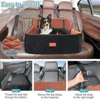 Dog Car Seat for Medium/Large Dogs, Pet Booster Seat for Under 55 lbs or 2 Small Dogs, Detachable &amp; Washable Dog Car Bed for Backseat with 2 Safety Leashes(Black/Brown)