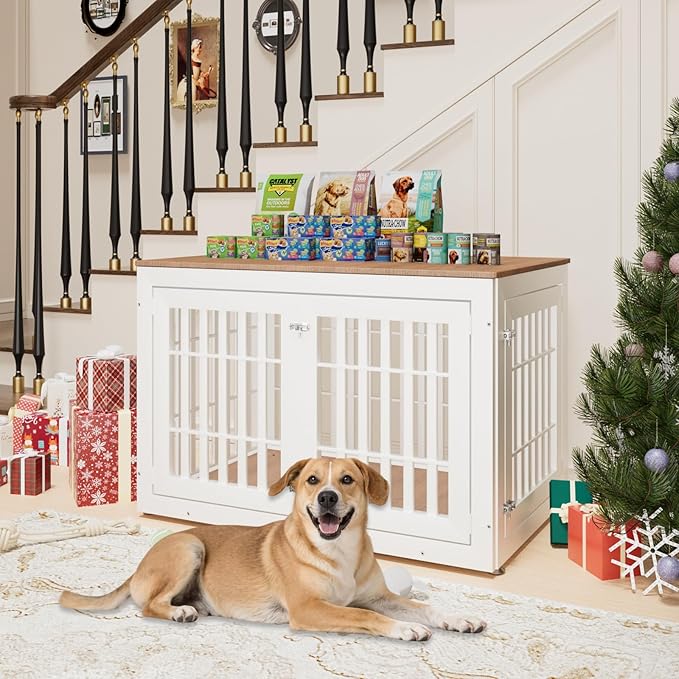 48" Heavy Duty Dog Crate Furniture for Small,Medium and Large Dogs,Rustic Wooden Dog Cage Kennel Indoor Furniture with Waterproof Top,Decorative Pet House Side End Table (White &amp; Wood)