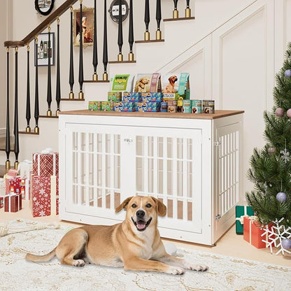 48" Heavy Duty Dog Crate Furniture for Small,Medium and Large Dogs,Rustic Wooden Dog Cage Kennel Indoor Furniture with Waterproof Top,Decorative Pet House Side End Table (White &amp; Wood)