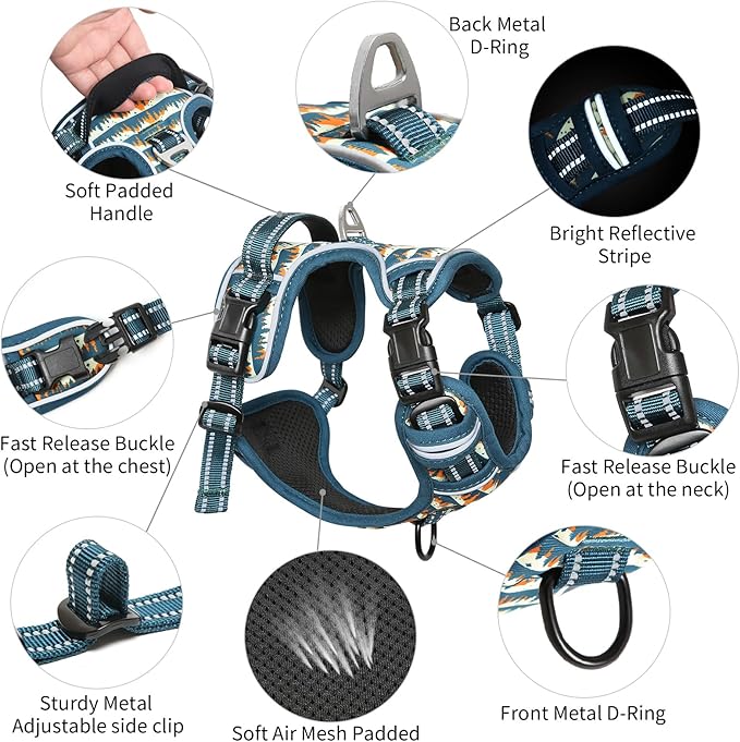 Timos No Pull Dog Harness, Release at Neck Reflective 3 Snap Buckles Adjustable No Choke Pet Vest with Front &amp; Back 2 Leash Clips, Soft Padded Control Training Handle for Small Medium Large Dogs