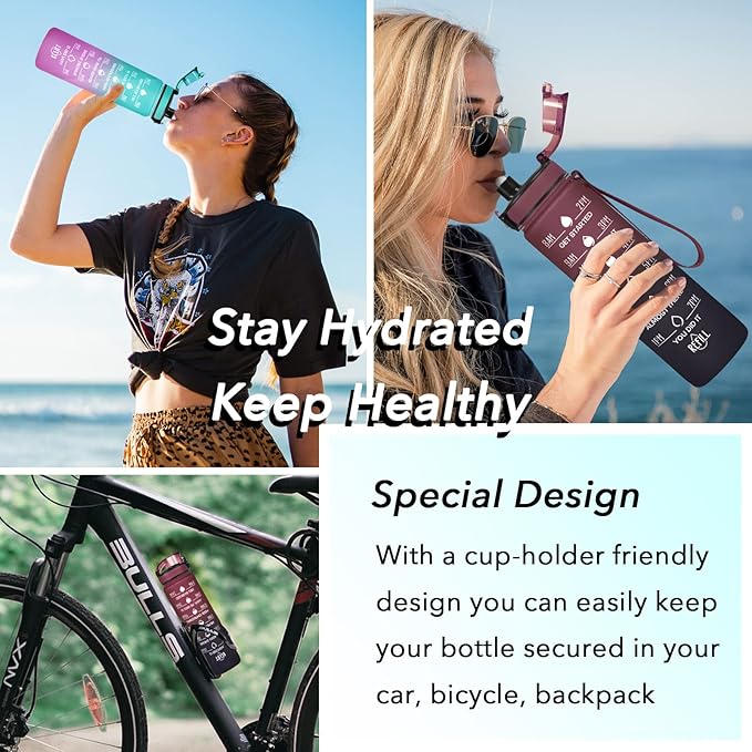 Enerbone Water Bottle, Leakproof BPA &amp; Toxic Free, Motivational Water Bottle with Times to Drink and Straw, Fitness Sports Water Bottle with Strap for Office, Gym, Outdoor Sports