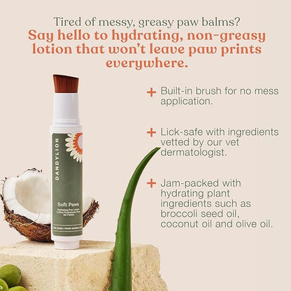 Dandylion Soft Paws | Paw Lotion with Brush | Dog Paw Balm Hydrating Alternative | Vet-Approved, Lick-Safe &amp; Fragrance-Free | pH-Balanced for Itchy, Dry, Cracked Paws, Small &amp; Large Dogs 0.6 fl oz