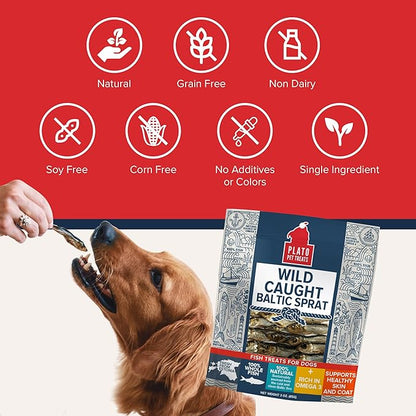 PLATO Pet Treats Fish Dog Treats - Air-Dried, Single Ingredient Dog Treat - with Omega 3 &amp; 6 Fatty Acids to Support Skin and Coat - 100% Whole Fish - Wild Caught Baltic Sprat Dog Treats - 7.5 oz