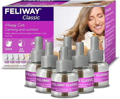 FELIWAY® Classic 6 x 30 Day Cat Calming Refills for Pheromone Diffuser, 6 x 48ml Value Pack - Helps Reduce Common Signs of Stress in Cats &amp; Kittens, Enhanced Calming