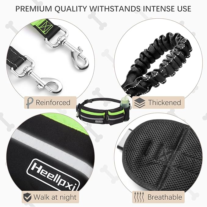 Hands-Free Waist Leash with Pouch for Two Dogs: Reflective Stitching, Dual Handle &amp; Bungee Retractable Design – Ideal for Medium to Large Dogs (Green) – Dog Walking Accessories