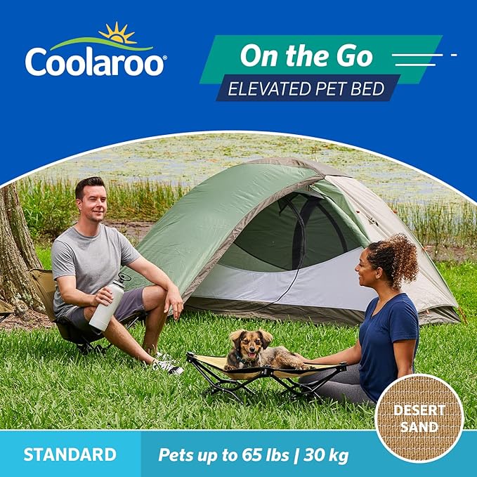 Coolaroo On-The-Go Elevated Dog Bed - Foldable Pop-Up Travel Dog Bed with Breathable, Moisture-Resistant Fabric, Carry Bag Included, Lightweight &amp; Portable, Desert Sand, Standard