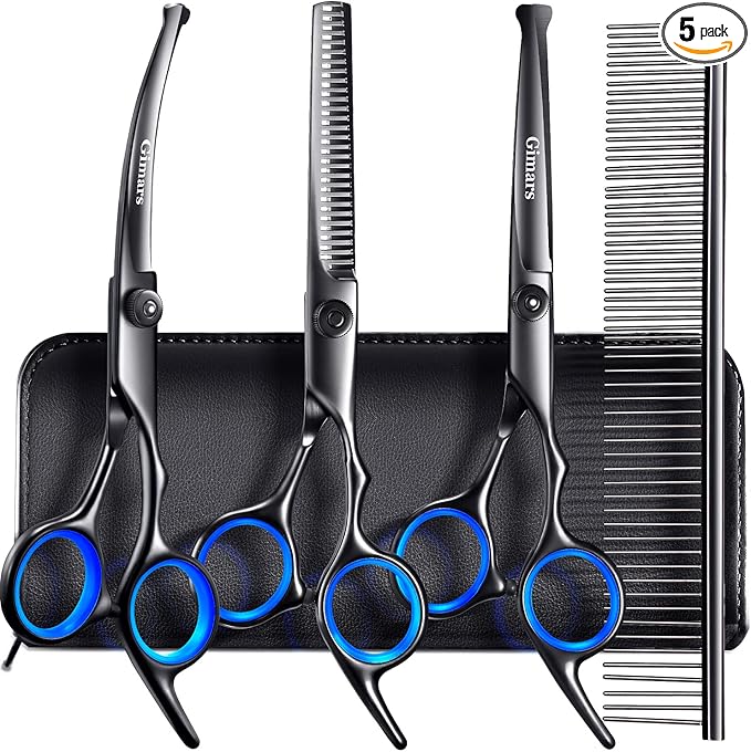 Gimars Dog Grooming Scissors Kit Professional 4CR with Safety Round Tip, 5 in 1 Heavy Duty Titanium Coated Thinning &amp; Curved &amp; Straight Shears