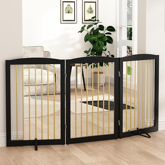 Freestanding Pet Gate for Dogs, Foldable Wooden Dog Gate for House Indoor, Step Over Pet Puppy Safety Fence for Stair, Doorway,Hall, Support Feet Included,3 Panels 32",Black&amp;Gold