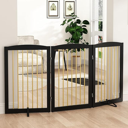 Freestanding Pet Gate for Dogs, Foldable Wooden Dog Gate for House Indoor, Step Over Pet Puppy Safety Fence for Stair, Doorway,Hall, Support Feet Included,3 Panels 32",Black&amp;Gold