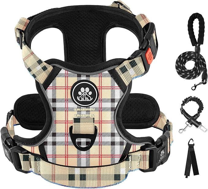 IVY&amp;LANE No Pull Dog Harness with Leash Set, Reflective No Choke Pet Vest,Adjustable Oxford Dog Vest Harness with Easy Control Handle for Large Dogs (Checkered Beige,XL)