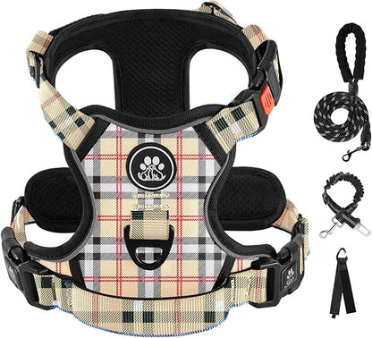 IVY&amp;LANE No Pull Dog Harness with Leash Set, Reflective No Choke Pet Vest,Adjustable Oxford Dog Vest Harness with Easy Control Handle for Large Dogs (Checkered Beige,XL)