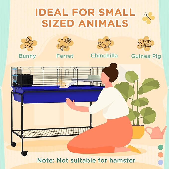 PawHut Two-Story Small Animal Cage Removable from Stand, Guinea Pig Cage with Shelf &amp; Wheels, Pet Habitat for Hedgehog, Chinchilla, Ferret, 39" x 20.5" x 36.5", Blue
