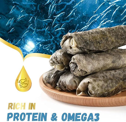 Dog Treats Natural Cod Skin Rolls, Rawhide-Free Chewy Fish Skin Dog Chews, One-Ingredient Healthy Training Treats Rich in Omega3 &amp; Protein, 10.6 oz