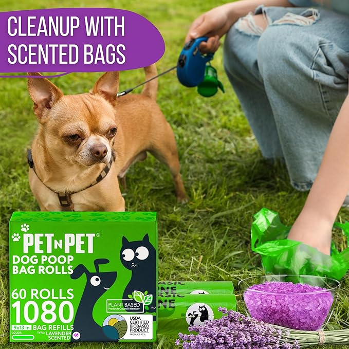 Pet N Pet 1080 Counts Green Poop Bags for Dogs, 41% Plant Based &amp; 59% PE Extra Thick Dog Poop Bags Rolls, 9" x 13", Lavender Scented Pet Waste Bag