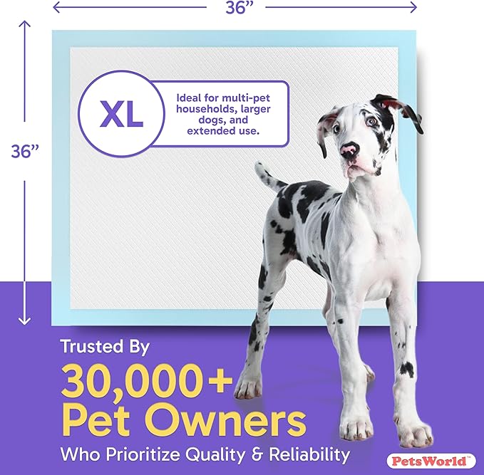 PETSWORLD Giant Dog Potty Pads, Odor-Eliminating, 36" x 36", Ultra Absorbent 5-Layer Leak-Proof Training Pads for Dogs &amp; Cats (36x36, 400 Count)