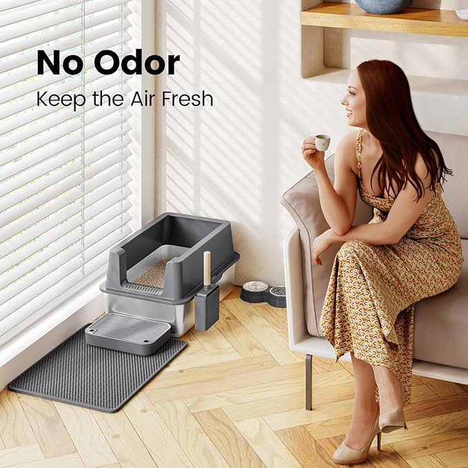 Stainless Steel Cat Litter Box - Enclosed XL Metal Kitty Litter Box with Lid for Big Cats, High Sided, Anti-Leakage, Easy Cleaning, Non-Sticky, Included Litter Mat, Cat Bowl &amp; Spoon