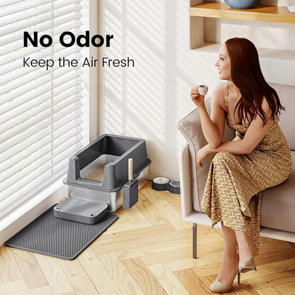 Stainless Steel Cat Litter Box - Enclosed XL Metal Kitty Litter Box with Lid for Big Cats, High Sided, Anti-Leakage, Easy Cleaning, Non-Sticky, Included Litter Mat, Cat Bowl &amp; Spoon