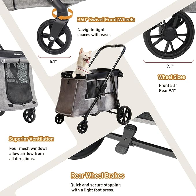 Medium Dog Stroller for Small to Large Dogs 4 Wheels Multi Pet Stroller for 4 Dogs Holds Up to 66lbs, One-Click Folding&amp;Smooth Tires&amp;Sunshade &amp; Storage Basket (Gray, Medium)
