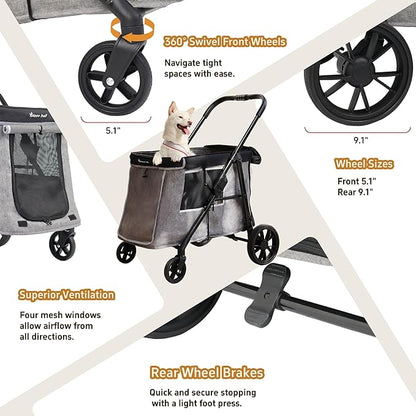Medium Dog Stroller for Small to Large Dogs 4 Wheels Multi Pet Stroller for 4 Dogs Holds Up to 66lbs, One-Click Folding&amp;Smooth Tires&amp;Sunshade &amp; Storage Basket (Gray, Medium)