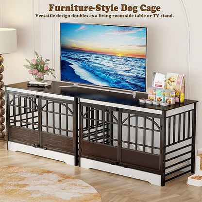COZPAW 52 Inch Dog Crate Furniture, Extra Large Dog Kennel Indoor for XLarge Breed, Heavy Duty Dog Cage with Double Elegant Arched Doors, Decorate as TV Stand &amp; End Table - White Brown