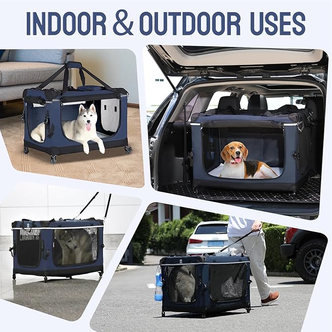 30IN Soft Collapsible Dog Crate w Detachable Wheels, Rolling Travel Dog Crate for Medium Breed Dogs, Portable Dog Kennel with Mesh Windows, Indoor &amp; Outdoor Uses