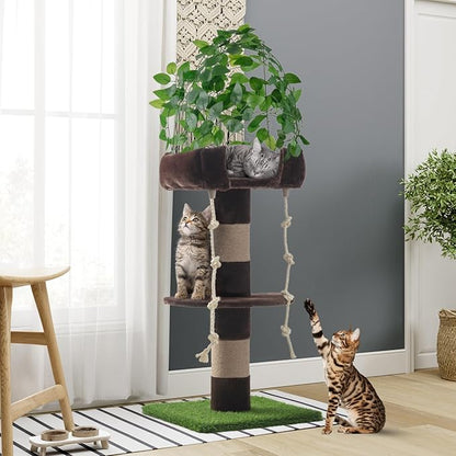 SHA CERLIN 55 Inches Cat Tree Tower with Leaves/Cozy Perches with Scratching Post for Indoor Kittens and Adults Cats/Sisal Rope and Simulated Lawn with Wide Base/Brown &amp; Green