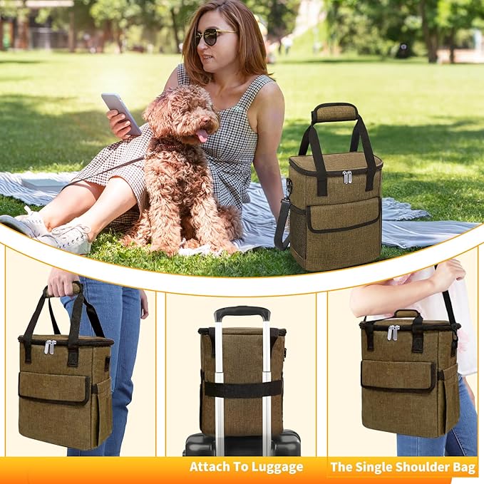 Dog Travel Bag for Camping - Pet Travel Accessories with 2 Collapsible Bowls, 2 Food Containers &amp; Waterproof Feeding Mat - Portable Dog Carrier, Coffee (Small)