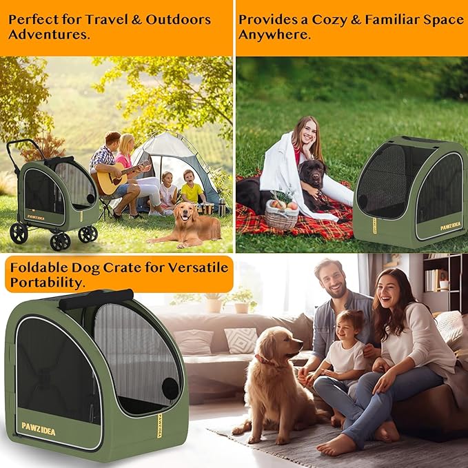 PAWZIDEA Dog Stroller for Large Dogs, Collapsible Pet Stroller with Detachable Carrier, Portable Dog Crate for Car Seat, Adjustable Handle, All-Terrain 9” Wheels, Ideal for Travel &amp; Outdoor Adventures