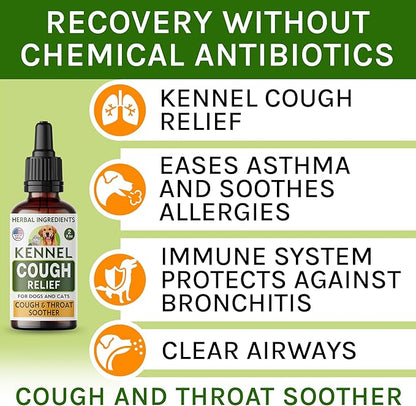 Kennel Cough Herbal Drops for Dogs &amp; Cats - Cough Relief - Throat Soother - Dry and Wet Pet Cough - Made in US - 2 Fl Oz
