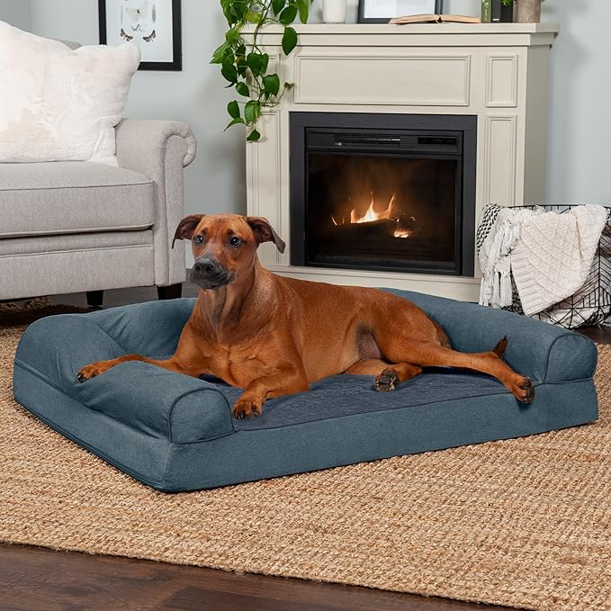 Furhaven Orthopedic Dog Bed for Large Dogs w/ Removable Bolsters &amp; Washable Cover, For Dogs Up to 95 lbs - Sherpa &amp; Chenille Sofa - Orion Blue, Jumbo/XL