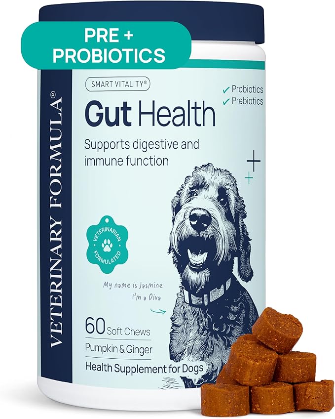 Veterinary Formula Gut Health Supplement for Dogs – Vet-Formulated Probiotic Chews with Digestive Enzymes &amp; Fiber – Smart Vitality Supports Digestive Health, Gut Balance &amp; Stool Quality, 60 Soft Chews