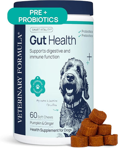 Veterinary Formula Gut Health Supplement for Dogs – Vet-Formulated Probiotic Chews with Digestive Enzymes &amp; Fiber – Smart Vitality Supports Digestive Health, Gut Balance &amp; Stool Quality, 60 Soft Chews