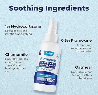 Vetnique Dermabliss Anti Itch Spray for Dogs &amp; Cats with Hydrocortisone for Allergies and Immediate Dog Itching Skin Relief - Fragrance Free with Soothing Oat Extract (4oz)