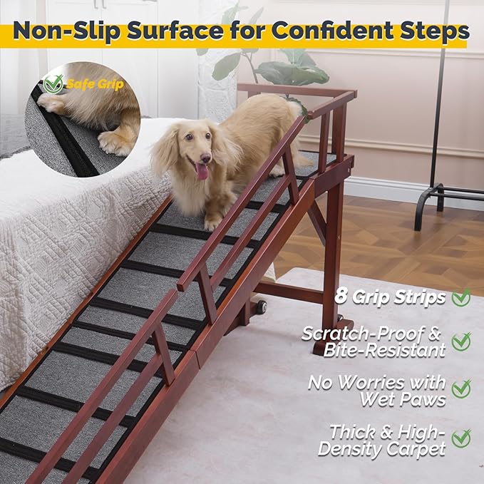 Dog Ramp for Bed or Couch, Wooden Pet Ramp with 20° Gentle Slope, Removable Side Rails, Non-Slip Surface, Top Platform &amp; Wheels, Safe Bed Ramp for Small, Medium &amp; Senior Dogs, 74" Long, Mahogany