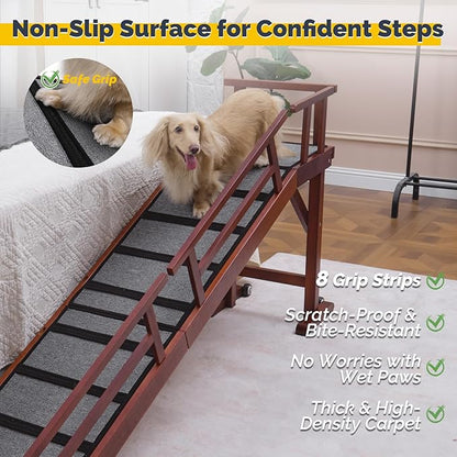 Dog Ramp for Bed or Couch, Wooden Pet Ramp with 20° Gentle Slope, Removable Side Rails, Non-Slip Surface, Top Platform &amp; Wheels, Safe Bed Ramp for Small, Medium &amp; Senior Dogs, 74" Long, Mahogany
