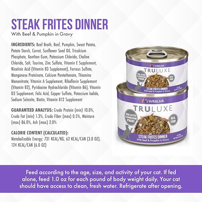Weruva TruLuxe Cat Food, Steak Frites Dinner with Beef &amp; Pumpkin in Gravy, 6oz Can (Pack of 24)