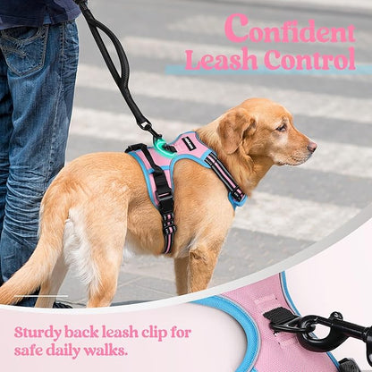 rabbitgoo Dog Harness No Pull with 2 Leash Clips, Adjustable Soft Padded, Reflective Oxford No Choke Pet Vest with Easy Control Handle for Large Dogs, Pink &amp; Blue, L