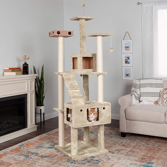 Furhaven 69.3" Tall Cat Tree for Indoor Cats, Ft. Sisal Scratching Posts, 2x Cat Condos, &amp; Toys - Tiger Tough Double Decker Interactive Playground Tower - Cream, One Size