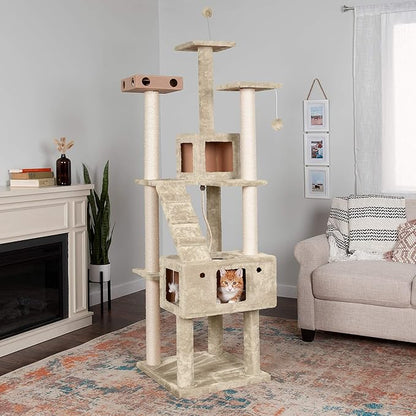 Furhaven 69.3" Tall Cat Tree for Indoor Cats, Ft. Sisal Scratching Posts, 2x Cat Condos, &amp; Toys - Tiger Tough Double Decker Interactive Playground Tower - Cream, One Size