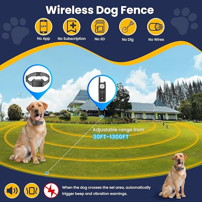 Wireless Dog Fence Invisib for Dogs Electric Fence 185 Days Standby Training Collar, Flash Light &amp; Waterproof Portable Dog Perimeter Collar with 3 Training Mode for 1 Dog Large Medium