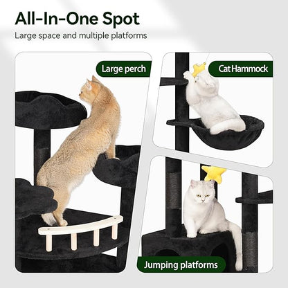 85inch Giant Cat Tree for Heavy Duty Big Cats, Multi-Level Luxury Cat Tower with Scratching Post, Cat Condo with Hammocks &amp; Plush Perches for Indoor Cats Large Adult, Black
