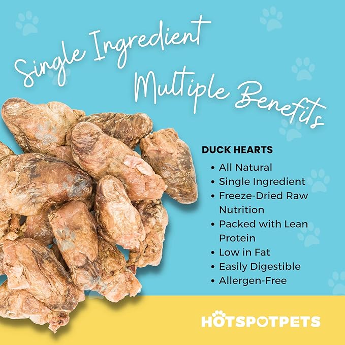 hotspot pets Freeze Dried Duck Heart Treats for Cats &amp; Dogs - Made in USA, 1LB Big Bag - Single Ingredient All Natural Grain-Free Duck Hearts - Perfect for Training, Topper or Snack