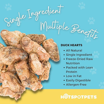 hotspot pets Freeze Dried Duck Heart Treats for Cats &amp; Dogs - Made in USA, 1LB Big Bag - Single Ingredient All Natural Grain-Free Duck Hearts - Perfect for Training, Topper or Snack