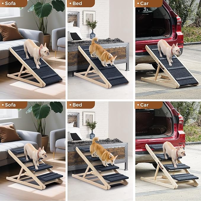 2025 Upgraded Dog Steps for Bed &amp; Couch - 2-in-1 Dog Stairs/Ramp for Small to Large Breeds - 45.3" Long Adjustable 14"-26" Up to 200LBS - Folding Portable Wooden Pet Stairs for high Bed Couch Car
