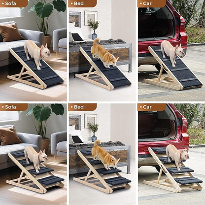 2025 Upgraded Dog Steps for Bed &amp; Couch - 2-in-1 Dog Stairs/Ramp for Small to Large Breeds - 45.3" Long Adjustable 14"-26" Up to 200LBS - Folding Portable Wooden Pet Stairs for high Bed Couch Car