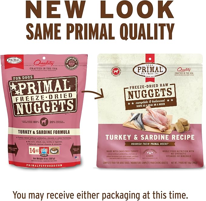 Primal Freeze Dried Raw Dog Food Nuggets, Turkey &amp; Sardine, Complete &amp; Balanced Meal, Also Use as Topper or Treat, Premium, Healthy, Grain Free, High Protein Raw Dog Food, 14 oz (Pack of 2)