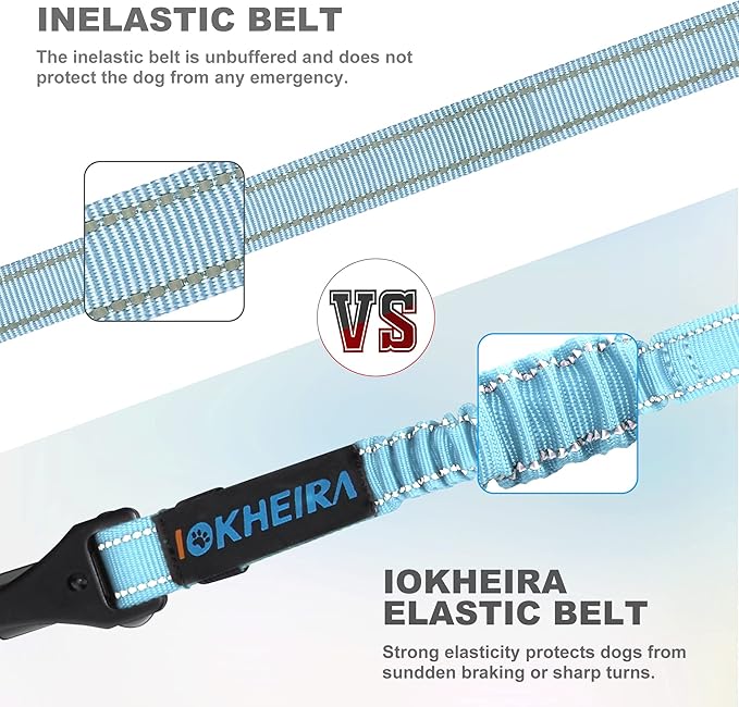 Dog Seat Belt 3-in-1 Car Harness for Dogs Adjustable Safety Seatbelt for Car Nylon Reflective Bungee Fabric Dog Car Harness with Clip Hook Latch &amp; Buckle, Swivel Zinc Alloy Carabiner (Light Blue)
