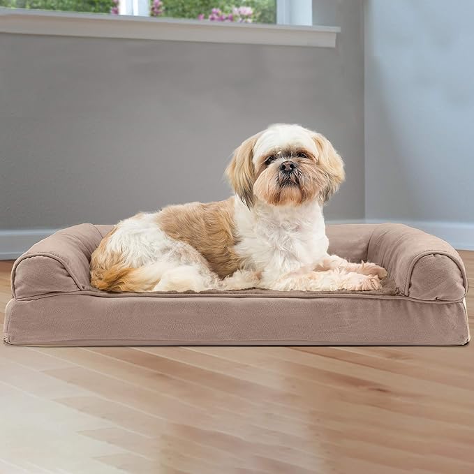 FurHaven Orthopedic Foam Sofa Dog Bed with Washable &amp; Removable Cover - Plush/Suede - Almondine, Dogs Up to 35 lbs - Medium